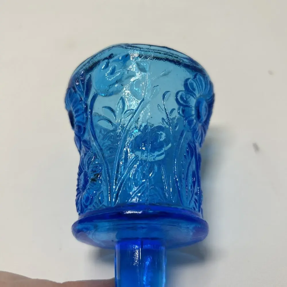 MCM Blue Glass Pegged Cup Votive Sconce Candle Holder Floral Daisy Tulip